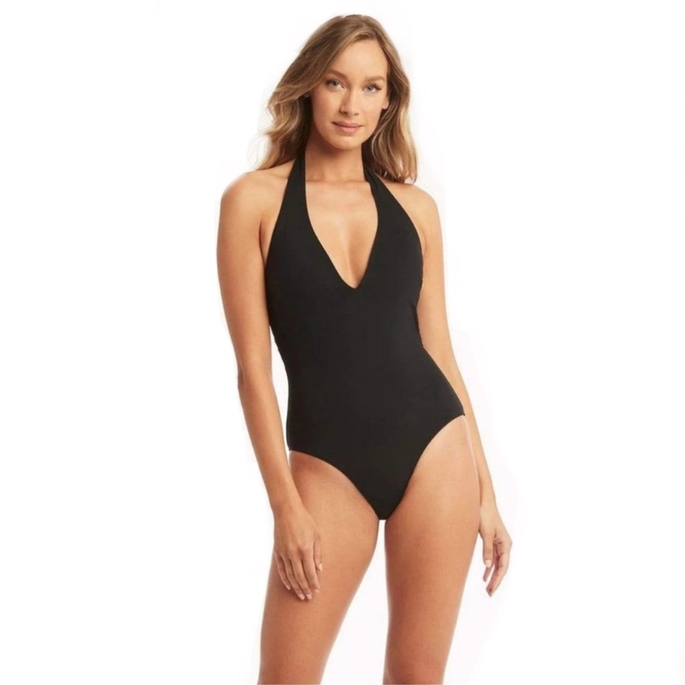 Sea Level Australia Dark Romance Plunge One Piece black Swimsuit Sz 6‎ NWT